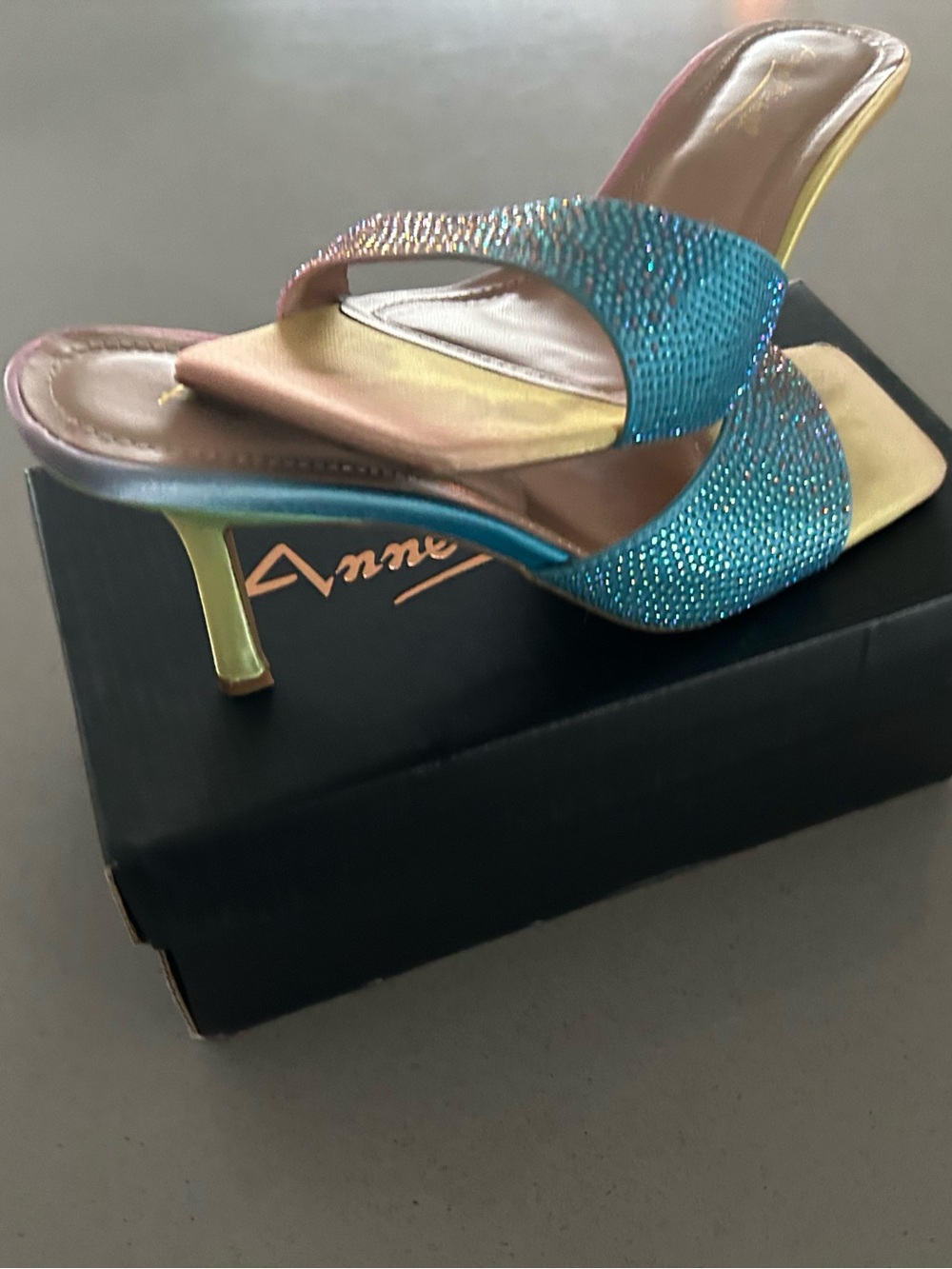 Anne Michelle Teal Blue Sparkle Heeled Mules